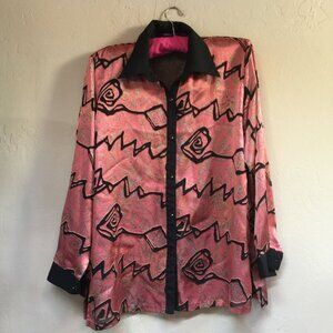 Clara Womens Large Pink Paisley Print Black Textured Button Up Long Sleeve Shirt